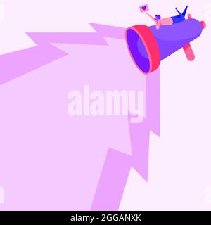Disegno dell'uomo che si stende sulla parte superiore del Megaphone grande che produce l'illuminazione che fa il messaggio grazioso. Disegno di linea umana che riposa al grande Bullhorn che promuove in ritardo Illustrazione Vettoriale