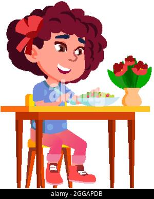 Ragazza Bambino mangiare verdura Vitamina insalata Vector Illustrazione Vettoriale