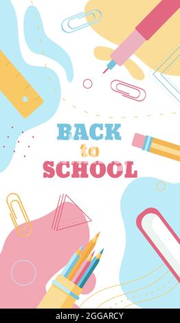 Torna a scuola banner concetto in stile piatto pastello, isolato su sfondo astratto colorato. Illustrazione Vettoriale