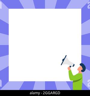 Man Drawing Talking through Megaphone Making New Announcement fronting Blank Wall. Disegno del carattere che parla a Bullhorn producendo l'annuncio ritardato Illustrazione Vettoriale