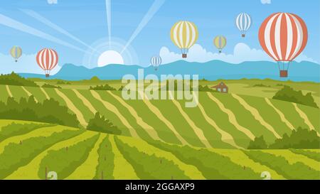 Paesaggio verde estate con simpatici palloncini volo vettore illustrazione. Cartoon grande aria calda palloncini colorati volare in cielo blu su campi e vigneti nella campagna rurale alba scenario sfondo Illustrazione Vettoriale