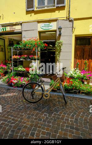 Giugno 2021 Parma, Italia: Bicicletta vicino al fioraio nel centro storico di Parma in una giornata di sole Foto Stock