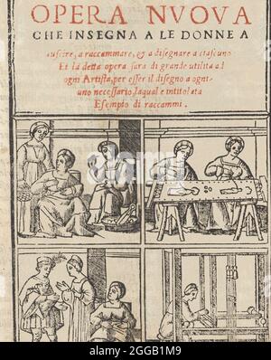 Essempio di recami, 1530. 'Esempi di lavorazione dell'ago' di Giovanni Antonio Tagliente, pubblicato per la prima volta nel 1527, è stato uno dei primi libri di disegni tessili ad essere pubblicati in Italia. "Opera nuova che insegna alle donne a cuscire, a raccammare, &amp; a disgnare a ciascuno, et la detta opera gara di grande utilita ad ogni artista, per esser il disigno ad ogni uno necessario, la qual e la titolata esempio di raccami". Foto Stock