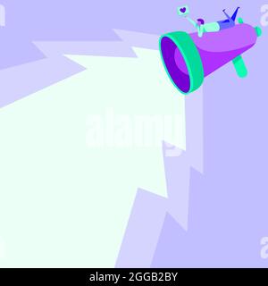 Disegno dell'uomo che si stende sulla parte superiore del Megaphone grande che produce l'illuminazione che fa il messaggio grazioso. Disegno di linea umana che riposa al grande Bullhorn che promuove in ritardo Illustrazione Vettoriale