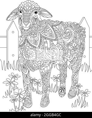 Grande disegno di una pecora in piedi da sola all'interno della Fence in attesa di Shephered. Big Lamb Line disegno in attesa da solo circondato da ringhiere di legno. Illustrazione Vettoriale