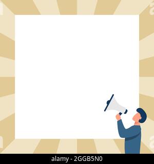 Man Drawing Talking through Megaphone Making New Announcement fronting Blank Wall. Disegno del carattere che parla a Bullhorn producendo l'annuncio ritardato Illustrazione Vettoriale