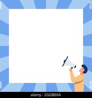 Man Drawing Talking through Megaphone Making New Announcement fronting Blank Wall. Disegno del carattere che parla a Bullhorn producendo l'annuncio ritardato Illustrazione Vettoriale