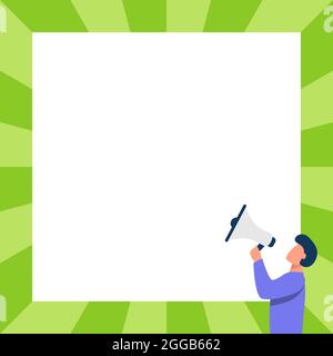 Man Drawing Talking through Megaphone Making New Announcement fronting Blank Wall. Disegno del carattere che parla a Bullhorn producendo l'annuncio ritardato Illustrazione Vettoriale