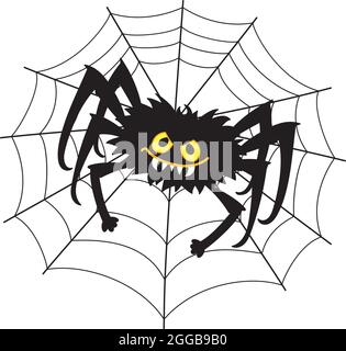 Cute Black Halloween Spider Hanging su Cobweb Illustrazione Vettoriale