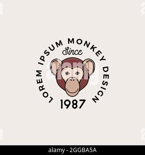 Stile linea Monkey o Ape Face con tipografia retrospettiva. Modello di logo, simbolo o segno vettoriale astratto. Fumetto Silhouette. Isolato Illustrazione Vettoriale