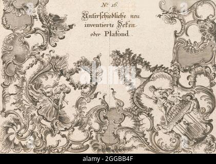 Due disegni per la decorazione del soffitto, plate 1 da 'Unterschiedliche neu inventierte Deken oder plafond', stampato ca. 1750-56. Foto Stock