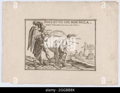 Un'allegoria relativa alle fortune dei Turchi, ca. 1692. Una figura alata che rappresenta probabilmente il tempo si erge su un Turco caduto mentre affilava una lama su una ruota inscritta con i continenti che viene girato da una figura semi-vestita, a destra della città di Vardino (Romania nord-occidentale vicino al confine ungherese) Quello è stato tenuto dai turchi dal 1660 al 1692. Foto Stock