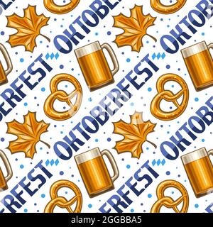 Vector Oktoberfest Seamless Pattern, sfondo quadrato ripetente per il carnevale dell'oktoberfest, poster con illustrazione della tazza di birra, pretzel tedesco salato Illustrazione Vettoriale