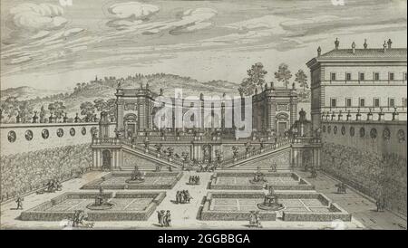 Altra Vedvta in Prospettiva del Teatro et Giardino Contigvo di Mondragone in Frascati, architettura di Giovanni Fontana, 1691 o successiva. [Altra vista prospettica del teatro (acqua) e del giardino adiacente alla Villa Mondragone di Frascati, architettura di Giovanni Fontana]. Da un lavoro sulle fontane di Roma: 'Le Fontane di Roma nelle piazze e luoghi pubblici della città&#xe0;, con li loro prosperetti, come sono al presente. Disegnate, et intagliate da Gio. Battista Falda', parte 2, 'le fontane delle ville di Frascati' (piatto 18). Foto Stock