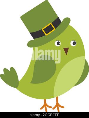 Simpatico uccello verde che indossa il cappello di San Patrizio. Vettore San Patrizio uccello Illustrazione Vettoriale