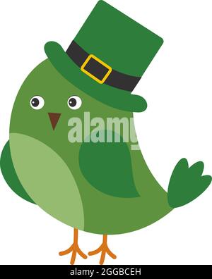 Simpatico uccello verde che indossa il cappello di San Patrizio. Vettore San Patrizio uccello Illustrazione Vettoriale