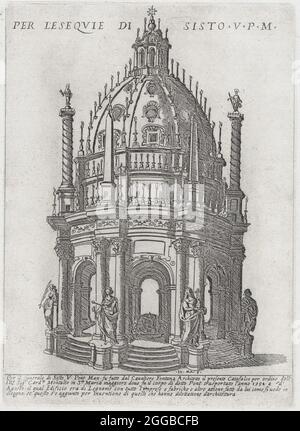 Catafalque per Papa Sisto V, 1591. Da 'Libro De Catafalchi, Tabernacoli, con varij designi di Porte fenestre et altres ornamenti di architettura', un'opera di architettura funeraria. Foto Stock