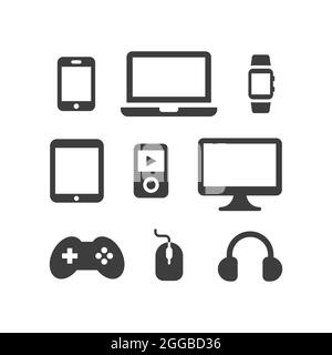 Elettronica, computer devices Vector Icon Set. TV, laptop, schermo dello smartphone, icone nere dei dispositivi digitali. Illustrazione Vettoriale