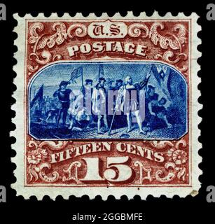 15c Landing of Columbus ristampa singolo, 1875. Usato; perf 12; ristampa del 1869; senza grill;nel 1875, i funzionari del Dipartimento postale hanno deciso di esporre campioni di tutti i francobolli precedentemente emessi alla Centennial Exposition di Philadelphia l'anno successivo. Poiché ciò richiedeva una stampa speciale, il reparto ordinava copie extra per la vendita ai raccoglitori di francobolli. Foto Stock
