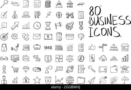Marketing icone finanziarie e di business set a mano disegnato in stile doodle isolato. Illustrazione Vettoriale