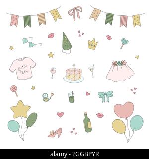 Set di doodle per feste di bachelorette. Simboli cartoni animati per feste di gallina come velo, garland, palloncino e cocktail. Illustrazione vettoriale isolata su fondo bianco Illustrazione Vettoriale