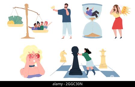 Personaggi cartoni animati in metafora illustrazioni di attitudine e problemi di vita, vettore concetto set Illustrazione Vettoriale