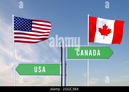 Segno che indica la direzione dei confini tra due paesi USA,Canada,3D RENDERING Foto Stock
