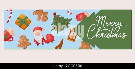 Vector Christmas banner design in stile cartoon. Modello stagionale con illustrazioni di Capodanno. Illustrazione Vettoriale