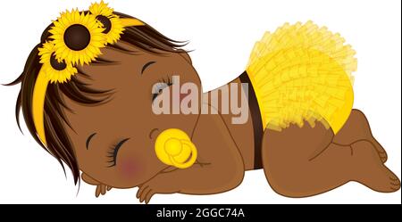 Carino ragazza afroamericana del bambino di girasole che indossa il pannolino Ruffled giallo che dorme. Vector Black Baby Girl Illustrazione Vettoriale