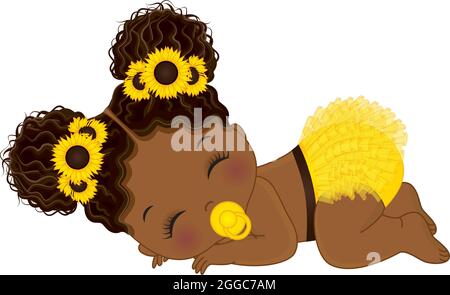 Carino ragazza afroamericana del bambino di girasole che indossa il pannolino Ruffled giallo che dorme. Vector Black Baby Girl Illustrazione Vettoriale