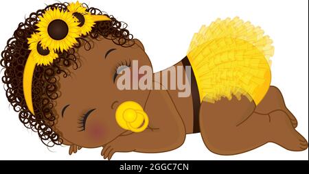 Carino ragazza afroamericana del bambino di girasole che indossa il pannolino Ruffled giallo che dorme. Vector Black Baby Girl Illustrazione Vettoriale