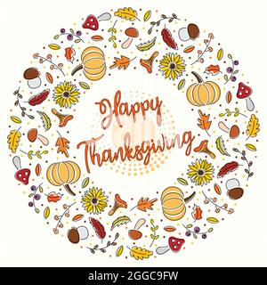 Brillante linea arte rotonda corona di verdure e foglie con felice ringraziamento congratulazioni Illustrazione Vettoriale