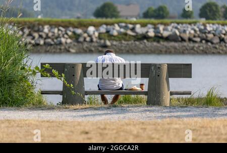 Vista posteriore di un uomo seduto da solo su panca di legno al fiume, lago o mare e con prima colazione e caffè da asporto. Natura relax all'aperto. S Foto Stock