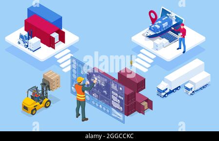 Illustrazione isometrica della rete logistica globale. Trasporto ferroviario di trasporto aereo di carico trasporto marittimo di trasporto puntuale di consegna veicoli progettati per trasportare Illustrazione Vettoriale