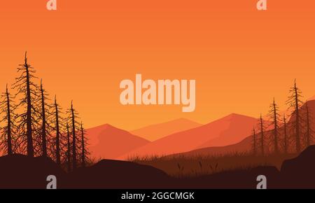 Fantastica vista sulle montagne al tramonto con la silhouette dei pini circostanti. Illustrazione vettoriale di una città Illustrazione Vettoriale