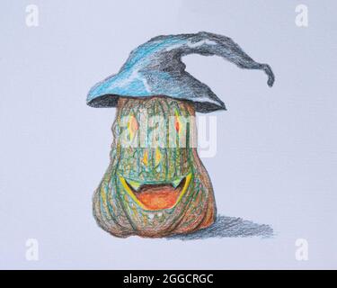 Halloween di zucca disegnata a mano su sfondo di carta bianca. Disegno di una matita colorata. Foto Stock