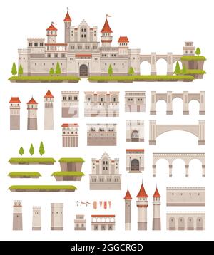 Costruttore medievale castello, gioco per bambini. Cartoon vettore palazzo elementi di architettura torri, porte, roccaforte e bandiere, piante verdi e terra. Fairyt Illustrazione Vettoriale