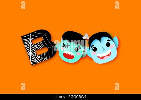 Buon Halloween. BOO. Mostri. Sorridi Dracula, Frankenstein. Divertente vampiro spooky. Web. Trick o delizia. Spazio per il testo Orange Vector Illustrazione Vettoriale