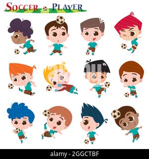 Un'illustrazione digitale vivace e divertente con un gruppo di bambini in stile cartoni animati che giocano a calcio. Illustrazione Vettoriale