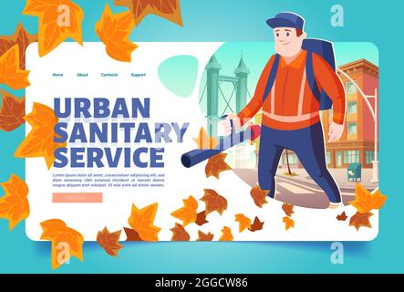 Cartoon servizio sanitario urbano landing page. Il pulitore di strada del janitor che soffia fuori le foglie cadute sullo sfondo urbano. Uomo con soffiante pulizia città o città in autunno stagione, Vector annuncio web banner Illustrazione Vettoriale