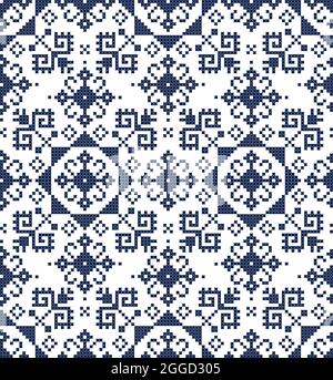Retro Zmijanje ricamo stile vettoriale arte popolare senza cuciture - tessuto o stampa a punti incrociati design con fiori provenienti dalla Bosnia e Herzegovin Illustrazione Vettoriale