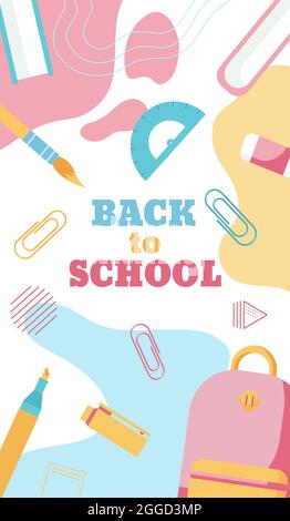 Torna a scuola banner concetto in stile piatto pastello, isolato su sfondo astratto colorato. Illustrazione Vettoriale