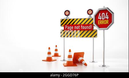 404 pagina web non trovata cartello di errore e coni di traffico. Illustrazione 3D. Foto Stock