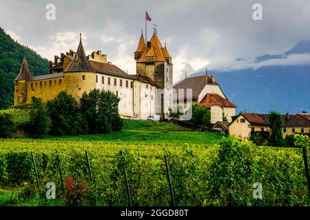 Castello di Aigle (Château d'Aigle) in paesaggio alpino. Castello di Aigle nel comune di Aigle del Cantone di Vaud in Svizzera. Foto Stock