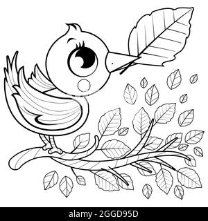 Albero della stagione autunnale con foglie marroni cadute e uccello. Un uccello carino che vola e un ramo d'albero pieno di foglie secche. Pagina da colorare in bianco e nero. Foto Stock