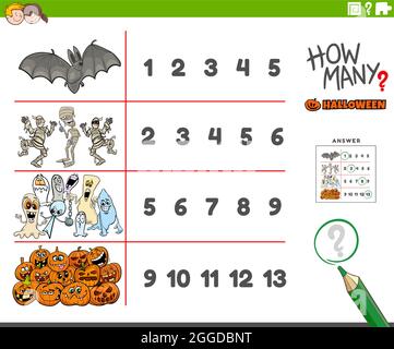Illustrazione di cartoni animati di attività educative di conteggio per bambini con i caratteri spooky di festa di Halloween Illustrazione Vettoriale