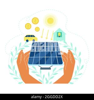 Mani umane che tengono il pannello solare con moneta dollaro e lampadina collegata al pannello solare. Illustrazione vettoriale del concetto di energia solare Illustrazione Vettoriale