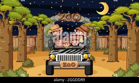 Safari di notte con molti bambini in una jeep auto illustrazione Illustrazione Vettoriale