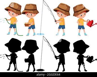 Insieme di un personaggio di cartone animato ragazzo che fa diverse attività con la sua figura di silhouette Illustrazione Vettoriale