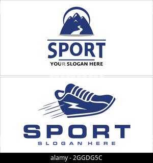 Sport running con logo di montagna e scarpe Illustrazione Vettoriale